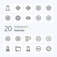 paquete de iconos de 20 líneas multimedia como archivo media batería de datos multimedia vector