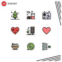 Pack of 9 creative Filledline Flat Colors of architecture favorite audio like heart Editable Vector Design Elements