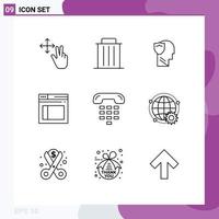 Modern Set of 9 Outlines Pictograph of call web shield secure data Editable Vector Design Elements