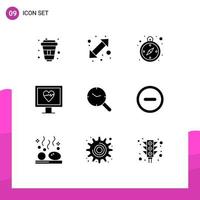 9 Thematic Vector Solid Glyphs and Editable Symbols of clock research compass search monitor Editable Vector Design Elements