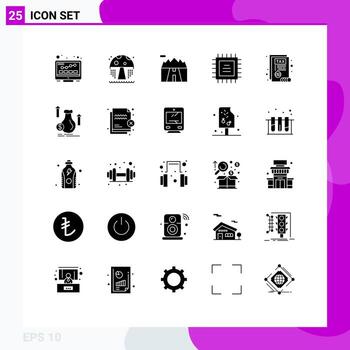 Pack of 25 Modern Solid Glyphs Signs and Symbols for Web Print Media such as money report mountains document chipset Editable Vector Design Elements