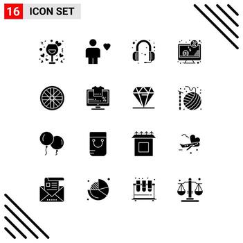 Pack of 16 creative Solid Glyphs of monitor dollar heart computer support Editable Vector Design Elements