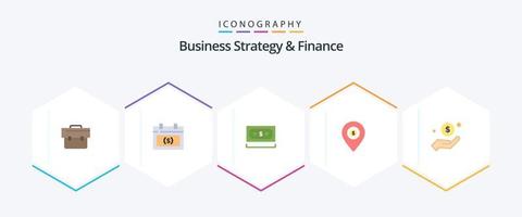 Business Strategy And Finance 25 Flat icon pack including dollar. map. date. location. currency vector