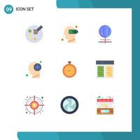 9 Thematic Vector Flat Colors and Editable Symbols of stopwatch mind globe human head Editable Vector Design Elements