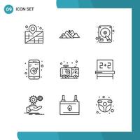 Pictogram Set of 9 Simple Outlines of fire car disk ui check Editable Vector Design Elements