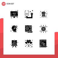 Group of 9 Solid Glyphs Signs and Symbols for digital plug medicine mind head Editable Vector Design Elements