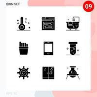 Universal Icon Symbols Group of 9 Modern Solid Glyphs of phone devices code fries shower Editable Vector Design Elements