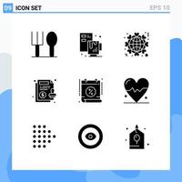 Group of 9 Modern Solid Glyphs Set for date paper heart guarantee agreement Editable Vector Design Elements