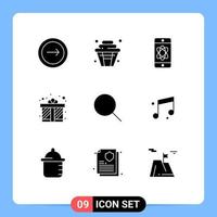 Group of 9 Solid Glyphs Signs and Symbols for search present party gift box tech Editable Vector Design Elements