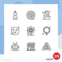 Pack of 9 Modern Outlines Signs and Symbols for Web Print Media such as chemistry atom drinks love emot Editable Vector Design Elements