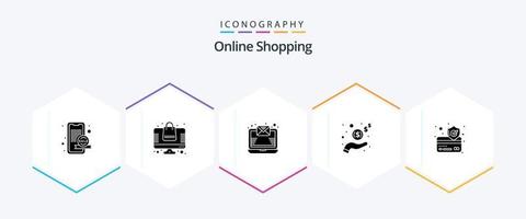 Online Shopping 25 Glyph icon pack including secure. credit card. email. cash. income vector