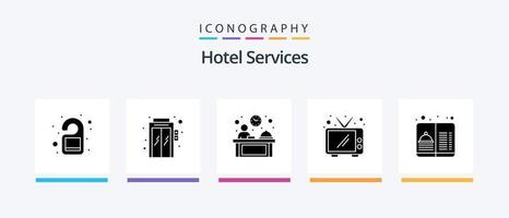 Hotel Services Glyph 5 Icon Pack Including service. hotel. male manager. tv. communication. Creative Icons Design vector