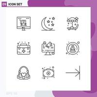 Set of 9 Modern UI Icons Symbols Signs for social media care sun bed medical case Editable Vector Design Elements