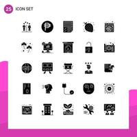 Group of 25 Modern Solid Glyphs Set for night strawberry peso fruit paper Editable Vector Design Elements