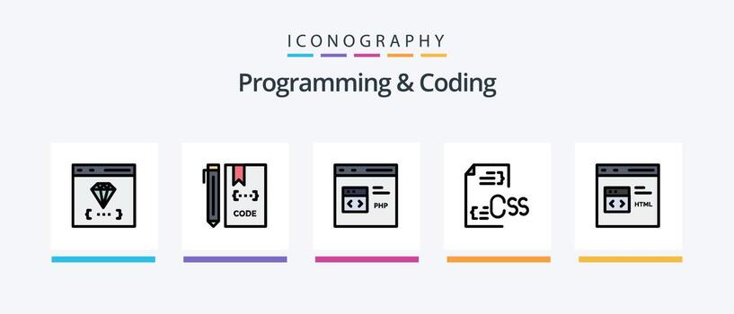La línea de programación y codificación llenó el paquete de 5 íconos, incluido el desarrollo. codificación. panel. lista. desarrollar. diseño de iconos creativos vector