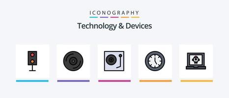 la línea de dispositivos llenó el paquete de 5 iconos, incluido el reloj. salud. hardware. banda de ajuste. placa giratoria. diseño de iconos creativos vector