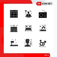 Group of 9 Solid Glyphs Signs and Symbols for bed laptop law shopping technology Editable Vector Design Elements