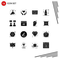 Solid Glyph Pack of 16 Universal Symbols of education weapons stove terrorism bomb Editable Vector Design Elements