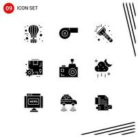 Mobile Interface Solid Glyph Set of 9 Pictograms of photographer flash camera light camera gear Editable Vector Design Elements