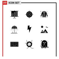 Set of 9 Commercial Solid Glyphs pack for ui power fashion spring umbrella Editable Vector Design Elements