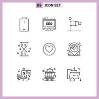 Universal Icon Symbols Group of 9 Modern Outlines of love ui blow timer clock Editable Vector Design Elements