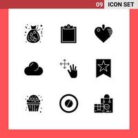 User Interface Pack of 9 Basic Solid Glyphs of bookmark gestures heart finger overcast Editable Vector Design Elements