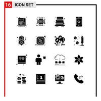 16 User Interface Solid Glyph Pack of modern Signs and Symbols of setting location heating gear cell Editable Vector Design Elements