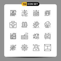 Set of 16 Vector Outlines on Grid for suitcase briefcase camera speed internet Editable Vector Design Elements