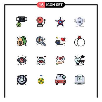 16 líneas rellenas de color plano universales para aplicaciones web y móviles protección de escudo de estrella de alimentos de pera elementos de diseño de vectores creativos editables