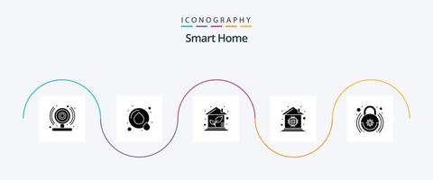 Smart Home Glyph 5 Icon Pack Including lock. control. green. microchip. home automation vector