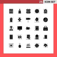 conjunto moderno de 25 pictogramas de glifos sólidos de tarjeta temporizador mochila reloj cronometrador elementos de diseño vectorial editables vector