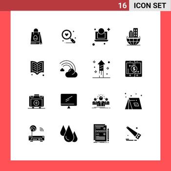 Group of 16 Solid Glyphs Signs and Symbols for learning reading laptop sustainable architecture Editable Vector Design Elements