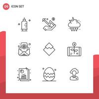 Mobile Interface Outline Set of 9 Pictograms of waves email virus cloud email moon Editable Vector Design Elements
