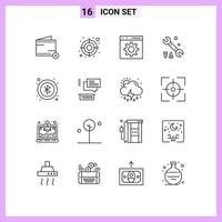 Pack of 16 creative Outlines of user bluetooth coding tool wrench Editable Vector Design Elements