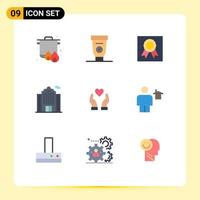 Universal Icon Symbols Group of 9 Modern Flat Colors of charity hand badge house apartment Editable Vector Design Elements