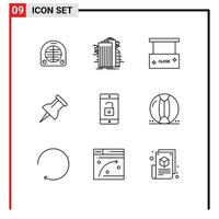 Pictogram Set of 9 Simple Outlines of mobile application application internet pin close salon Editable Vector Design Elements