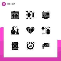 9 User Interface Solid Glyph Pack of modern Signs and Symbols of science flask relaxation tube smart Editable Vector Design Elements