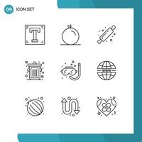 User Interface Pack of 9 Basic Outlines of snorkeling diving bakery trash can Editable Vector Design Elements