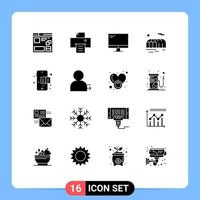 Group of 16 Modern Solid Glyphs Set for education book greenhouse computer gardening pc Editable Vector Design Elements