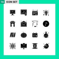 conjunto moderno de 16 glifos y símbolos sólidos, como el hinduismo, la cultura, el calendario, la verificación, la búsqueda, los elementos de diseño vectorial editables vector