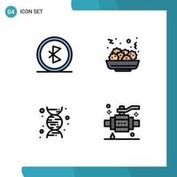 Filledline Flat Color Pack of 4 Universal Symbols of bluetooth dna network food buildings Editable Vector Design Elements