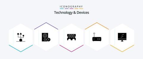 Devices 25 Glyph icon pack including display. router. hardware. modem. ram vector