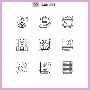 Set of 9 Vector Outlines on Grid for notification alert waste support help Editable Vector Design Elements