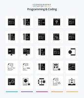 programación creativa y codificación paquete de iconos negros sólidos de 25 glifos, como la codificación. aplicación expediente. lista. desarrollar vector