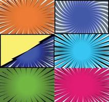 Comic book colorful frames background with halftone rays radial and dotted effects pop art style vector