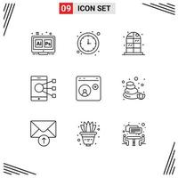 9 User Interface Outline Pack of modern Signs and Symbols of browser phone time mobile connect Editable Vector Design Elements