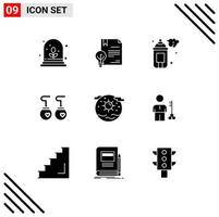 Modern Set of 9 Solid Glyphs Pictograph of globe fashion spray clothing earrings Editable Vector Design Elements