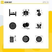 Pack of 9 Modern Solid Glyphs Signs and Symbols for Web Print Media such as party birthday temperature balloons velg Editable Vector Design Elements