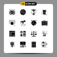 Modern Set of 16 Solid Glyphs Pictograph of search barcode machine thandai glass Editable Vector Design Elements