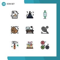 Modern Set of 9 Filledline Flat Colors Pictograph of office table table lamp watch sweet cookie Editable Vector Design Elements